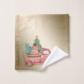 レッドトラックパインツリープレゼント、雪、クリスマス バスタオルセット (ウォッシュタオル)