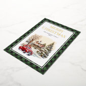 レッドトラックメリークリスマスグリーンバッファロープレイド金ゴールド 箔シーズンカード (回転した状態)
