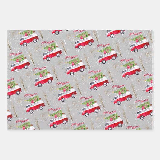 レッドトラックメリークリスマスグレーラッピング紙 ラッピングペーパーシート (正面)