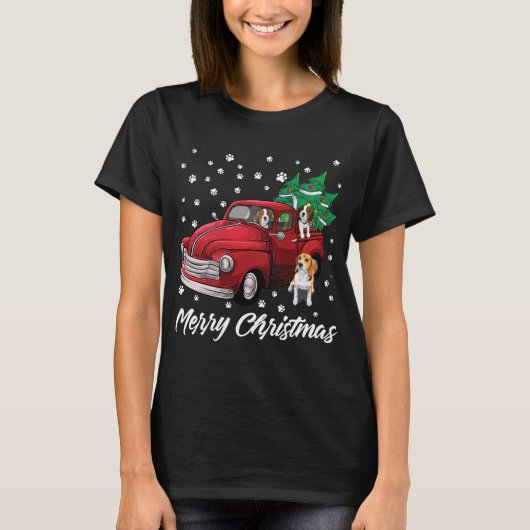 レッドトラックメリークリスマスツリービーグルドクリスマ Tシャツ (正面)