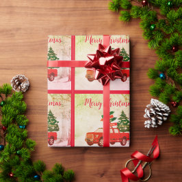 レッドトラックヴィンテージ素朴レトロメリークリスマス ラッピングペーパー