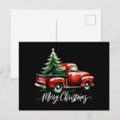 レッドトラック上のメリークリスマスツリーヴィンテージ家族M シーズンポストカード (正面/裏面)