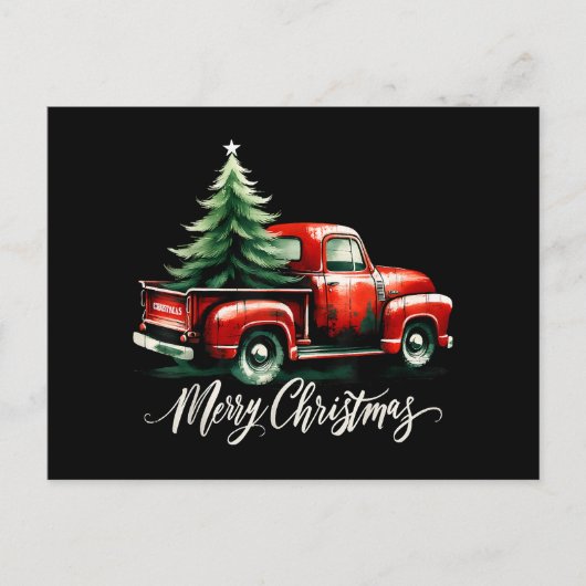 レッドトラック上のメリークリスマスツリーヴィンテージ家族M シーズンポストカード (正面)