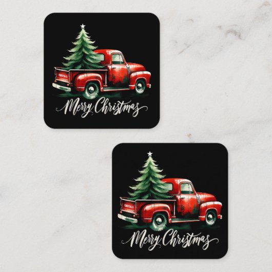 レッドトラック上のメリークリスマスツリーヴィンテージ家族M スクエア名刺 (正面/裏面)