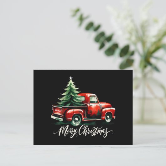 レッドトラック上のメリークリスマスツリーヴィンテージ家族M ポストカード (スタンド正面)