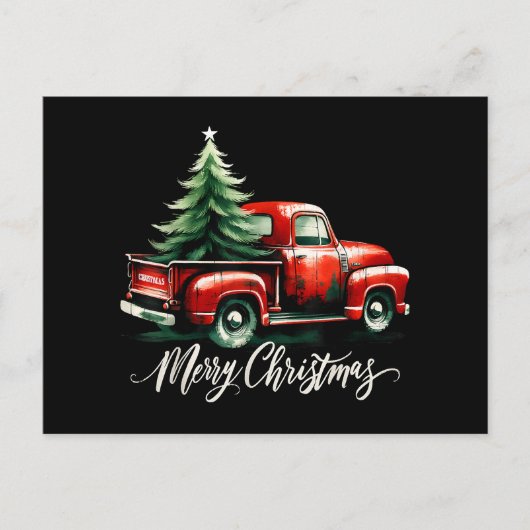 レッドトラック上のメリークリスマスツリーヴィンテージ家族M ポストカード (正面)