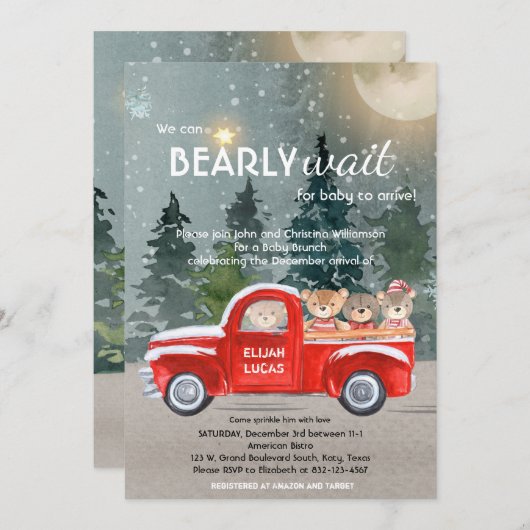 レッドトラック冬のベビーシャワーにテディベア 招待状 (正面/裏面)