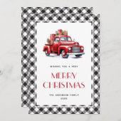 レッドトラック白黒プレイドメリークリスマスカード シーズンカード (正面/裏面)