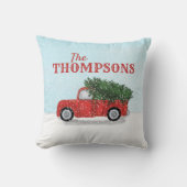 レッドトラック素朴インスノーパーソナライズされたネーム クッション (正面)