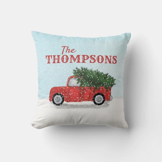 レッドトラック素朴インスノーパーソナライズされたネーム クッション (正面)