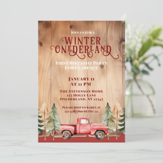 レッドトラック素朴ウィンターオネダーランド誕生日 招待状 (スタンド正面)