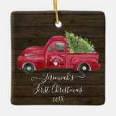 レッドトラック素朴ウッドベビークリスマスツリー写真 セラミックオーナメント (正面)