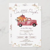レッドトラック、カボチャ赤ちゃんシャワー、秋ピンクフローラ 招待状 (正面/裏面)
