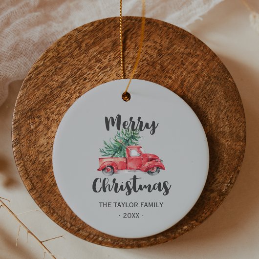 レッドトラック&ツリーメリークリスマスホリデー セラミックオーナメント