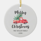 レッドトラック&ツリーメリークリスマスホリデー セラミックオーナメント (正面)