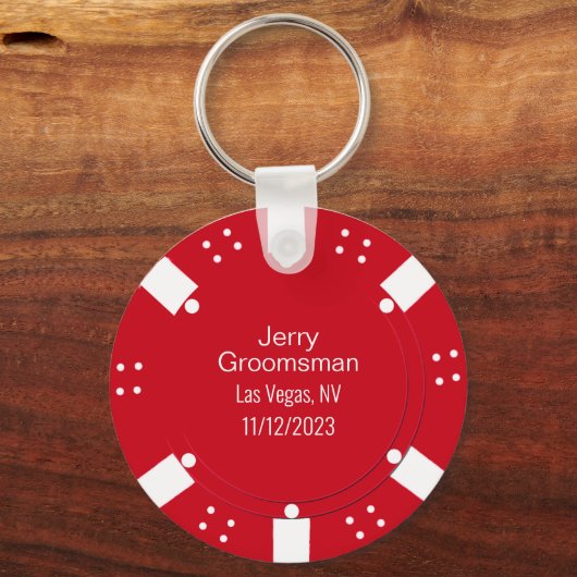 レッドトランプのポーカーチップカジノをテーマにした結婚式の引き出物 キーホルダー (正面)