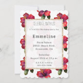 レッドトロピカルハイビスカスフローラ金ゴールドグリッター誕生日 招待状 (正面)