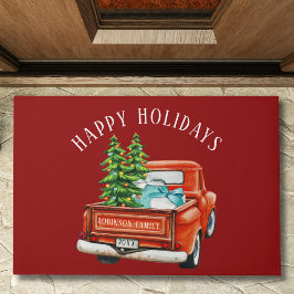 レッドト素朴ラックハッピーホリデイズクリスマスツリー ドアマット