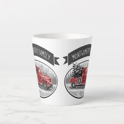 レッドト素朴ラックモノグラムファミリーネームファームハウス カフェラテマグ (正面)