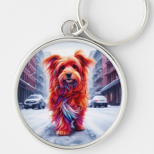 レッドドッグ歩くダウン雪の冬の通り キーホルダー (正面)