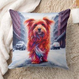 レッドドッグ歩くダウン雪の冬の通り クッション