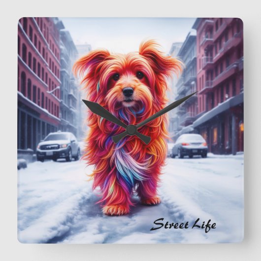 レッドドッグ歩くダウン雪の冬の通り スクエア壁時計 (正面)