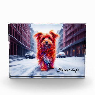 レッドドッグ歩くダウン雪の冬の通り フォトブロック