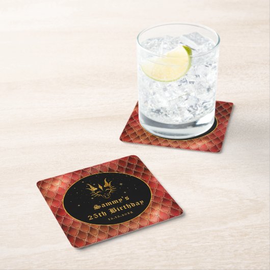 レッドドラゴンはかりで測金ゴールドフェイクグリッター誕生日 スクエアペーパーコースター (インサイチュ)