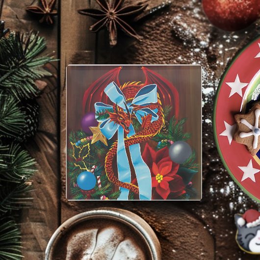 レッドドラゴンクリスマスリース ガラスコースター