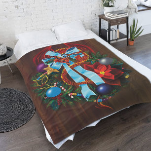 レッドドラゴンクリスマスリース フリースブランケット