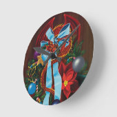 レッドドラゴンクリスマスリース ラウンド壁時計 (傾斜)
