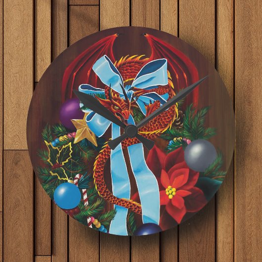 レッドドラゴンクリスマスリース ラウンド壁時計