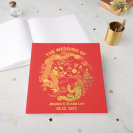 レッドドラゴンフェニックス中国のア結婚ジアの金箔 ゲストブック