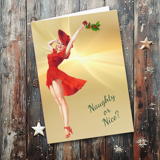 レッドドレスアンドホリーレトロピンナップガールクリスマス カード