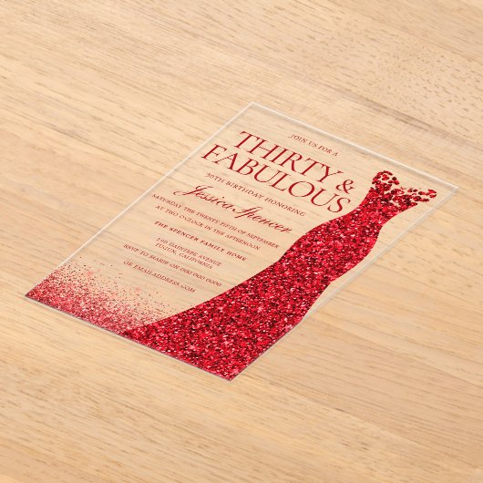 レッドドレスサーティーズ&素敵な30th誕生日パーティー アクリル招待状 (レイダウン)