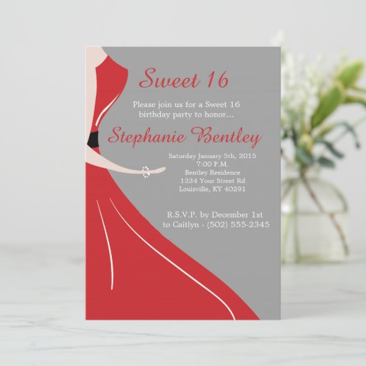 レッドドレスシルエットスウィート16誕生日招待状 招待状 (スタンド正面)