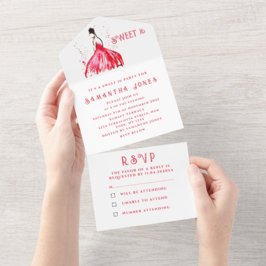 レッドドレススウィート16フローラ16 ガーリー エレガント オールインワン招待状 (貼ってはがせる)