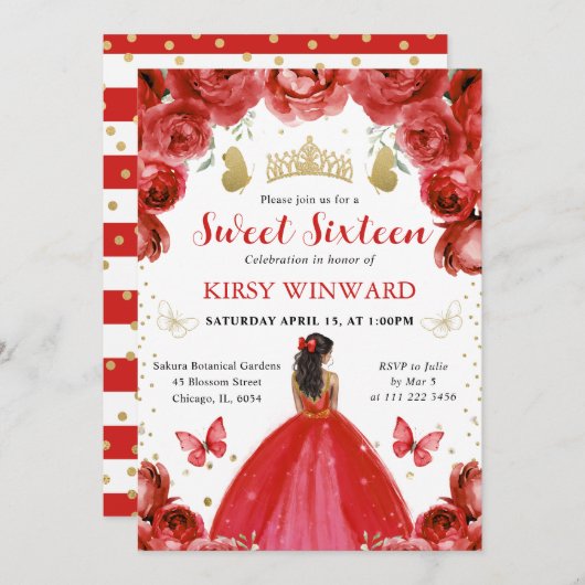 レッドドレスダークスキンプリンセススウィート16 招待状 (正面/裏面)