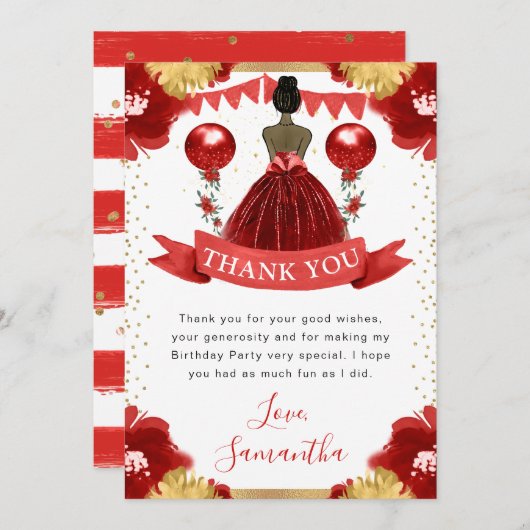 レッドドレスダークスキンプリンセス誕生日 サンキューカード (正面/裏面)