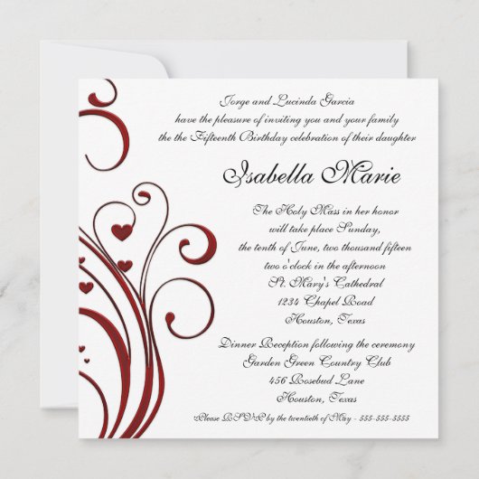 レッドドレスハートスワーズエレガントホワイトキンセアニェラ 招待状 (裏面)