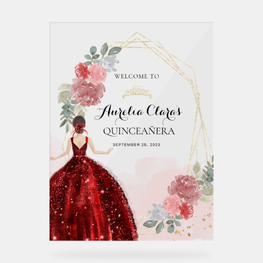 レッドドレスフローラ幾何学的クインセニェラ誕生日 アクリルサイン (正面)