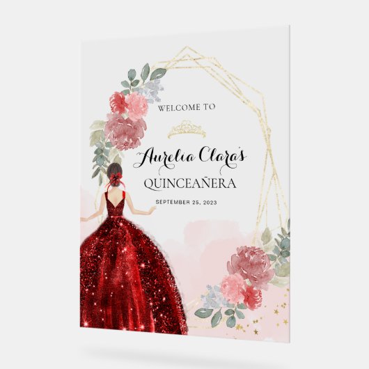 レッドドレスフローラ幾何学的クインセニェラ誕生日 アクリルサイン (傾斜)