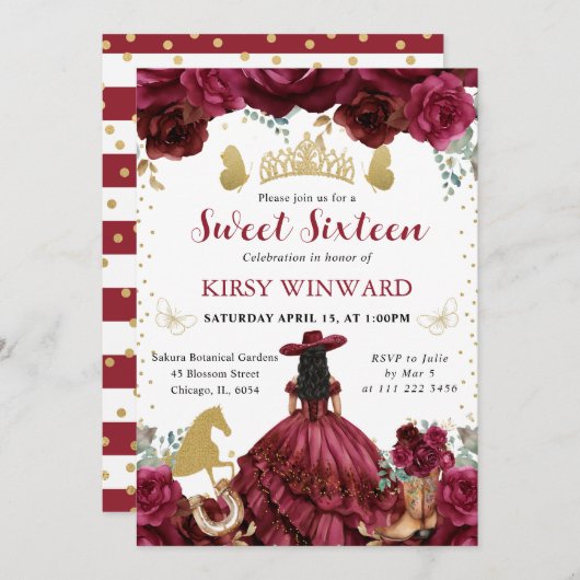 レッドドレスブラックヘアサロンプリンセススウィート16 招待状 (正面/裏面)