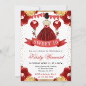 レッドドレスブルネットプリンセススウィート16 招待状 (正面)