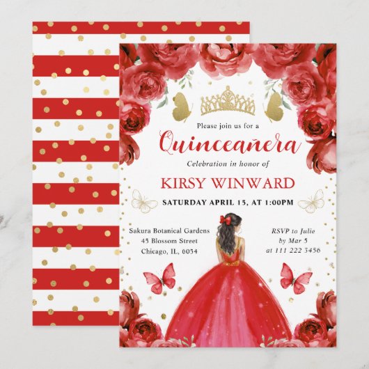 レッドドレスブルネットヘアプリンセスキンセアニェラ 招待状 (正面/裏面)