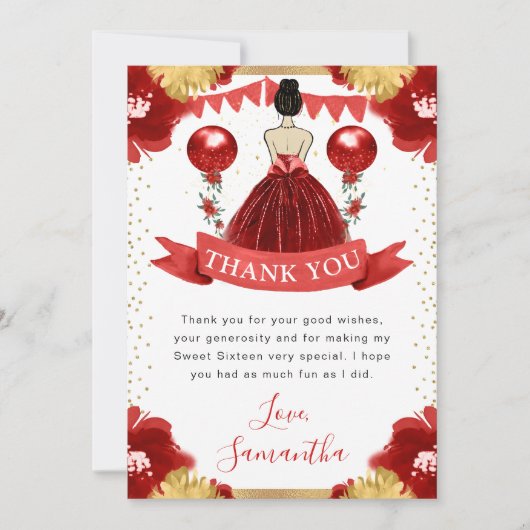 レッドドレスブルネットヘアプリンセススウィート16 サンキューカード (正面)