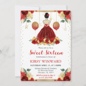 レッドドレスブルネットヘアプリンセススウィート16 招待状 (正面)