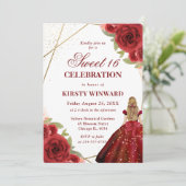 レッドドレスブルネット女性の花スウィート16 招待状 (スタンド正面)