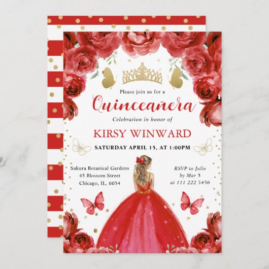 レッドドレスブロンドヘアプリンセスキンセアニェラ 招待状 (正面/裏面)