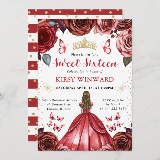 レッドドレスブロンドヘアプリンセススウィート16 招待状 (正面/裏面)